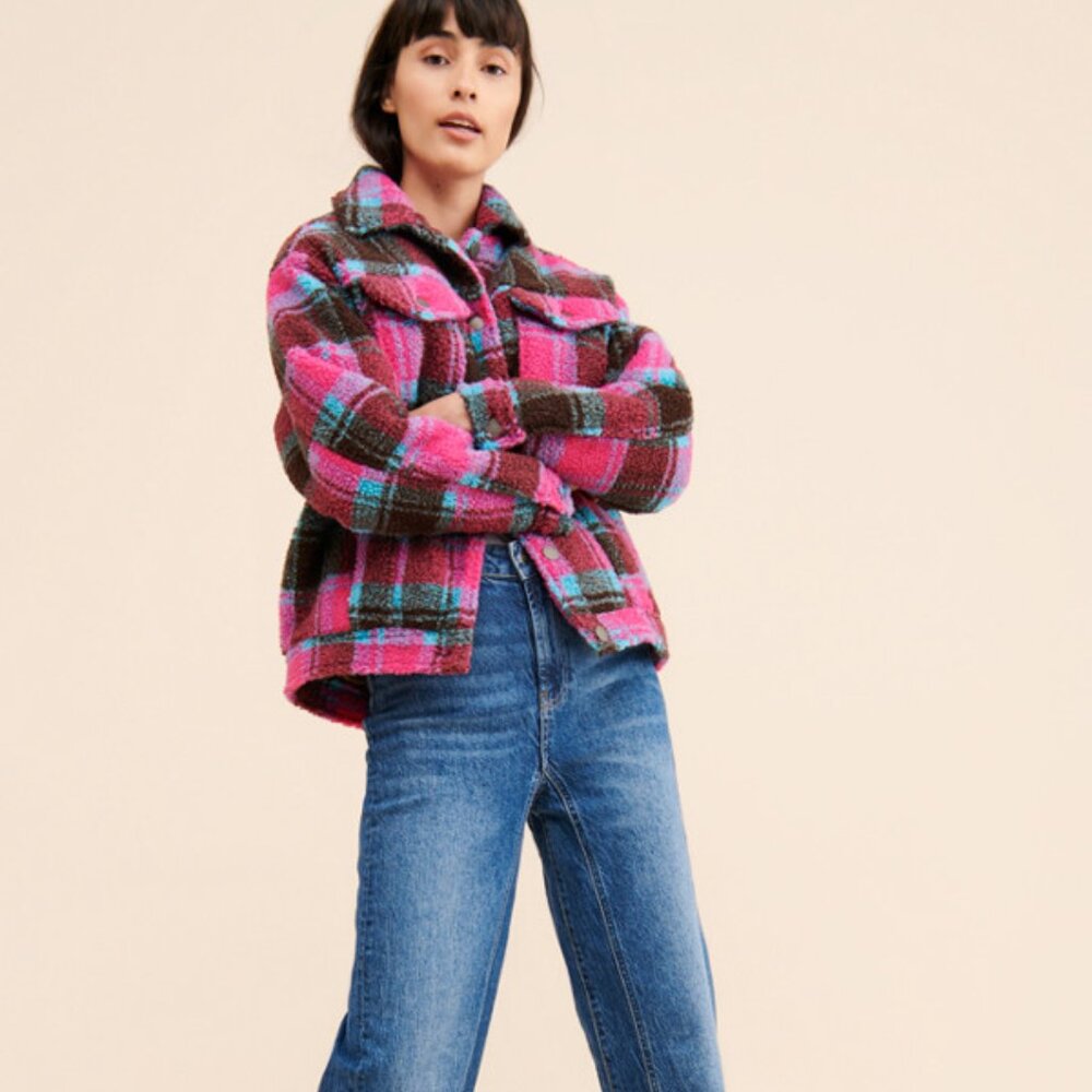 Apparis × Free People Kris Teddy Bear Jacket, Pink Blue Plaid, Medium